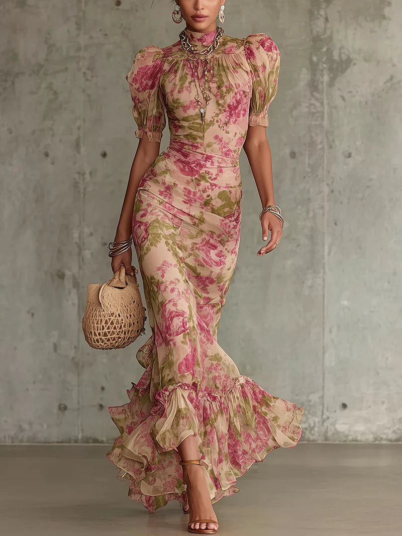 Rowan | Floral Print Mock Neck Puff Sleeve Ruched Ruffle Hem Elegant Maxi Dress