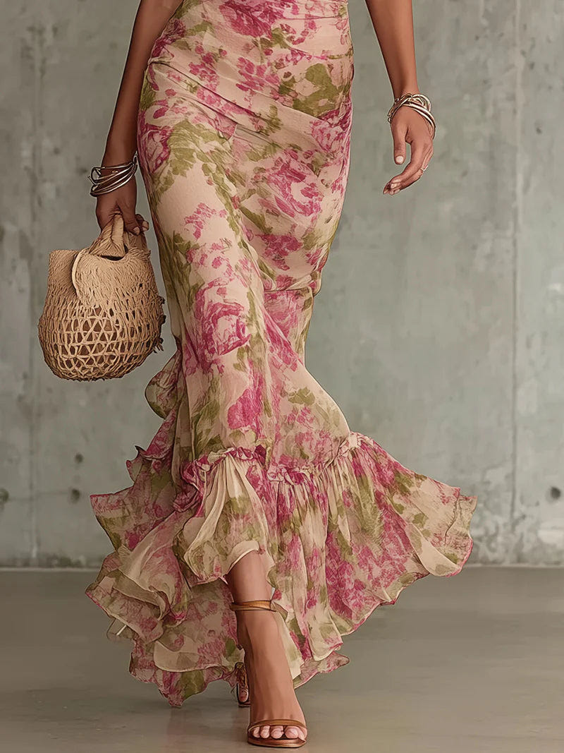Rowan | Floral Print Mock Neck Puff Sleeve Ruched Ruffle Hem Elegant Maxi Dress