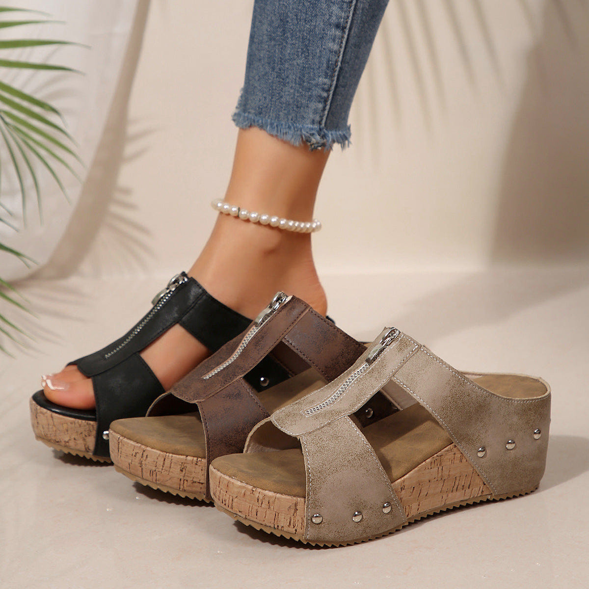 Sela | Wedge Sandals Platform Cork Zip Up Studded