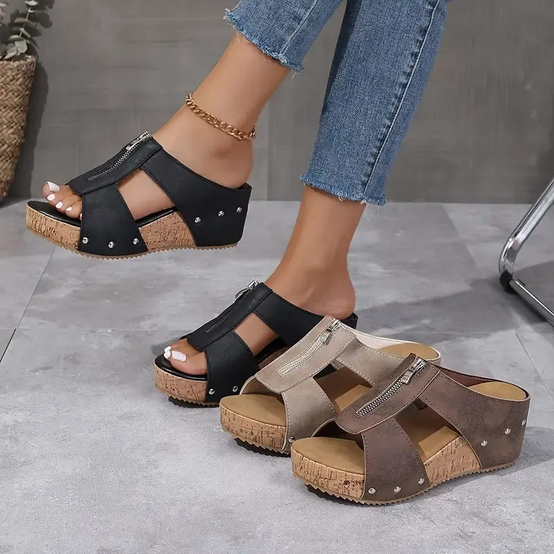 Sela | Wedge Sandals Platform Cork Zip Up Studded