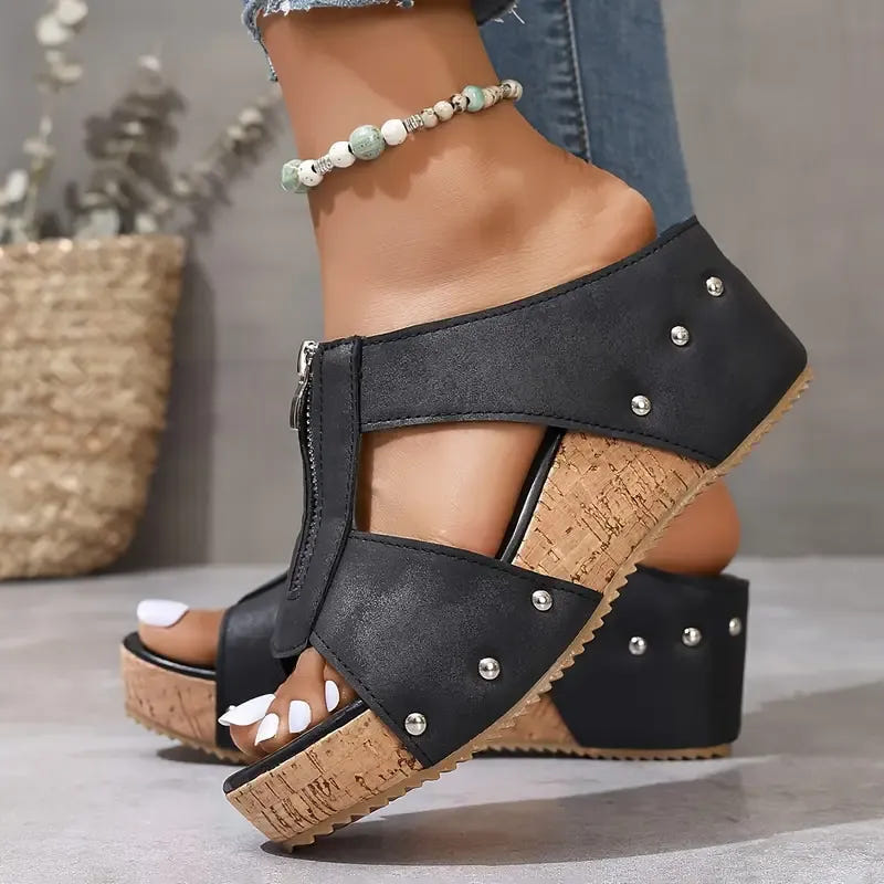 Sela | Wedge Sandals Platform Cork Zip Up Studded