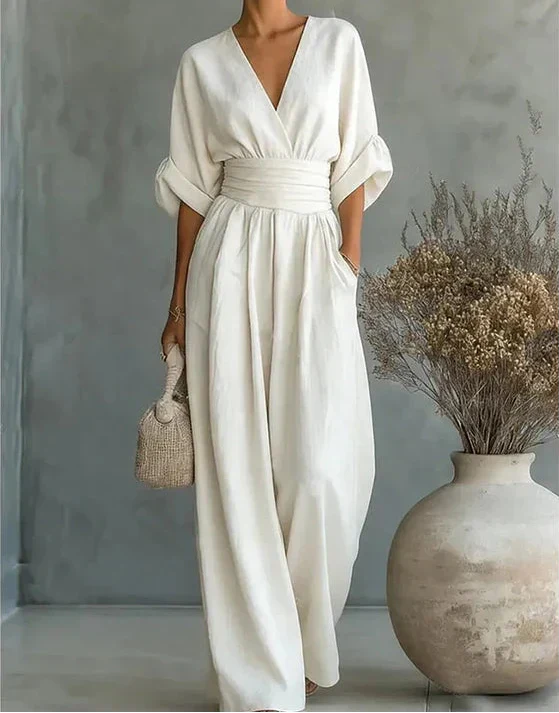 Genevieve | Women's Elegant V-Neck Wide Leg Wedding Guest Jumpsuit