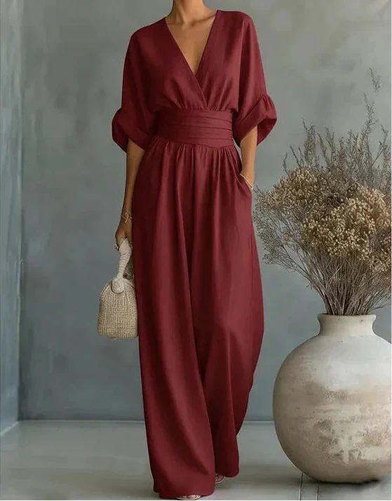 Genevieve | Women's Elegant V-Neck Wide Leg Wedding Guest Jumpsuit