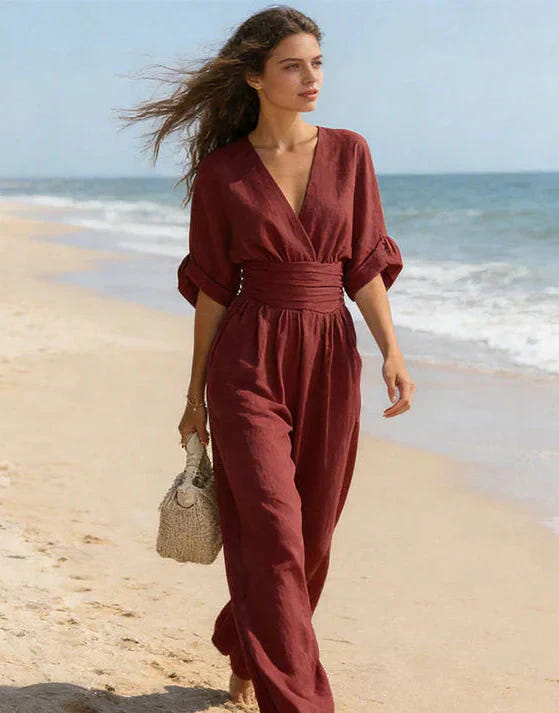 Genevieve | Women's Elegant V-Neck Wide Leg Wedding Guest Jumpsuit