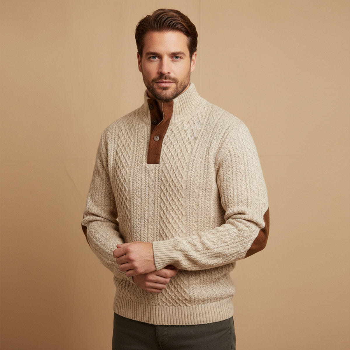 Torvald | Men's Cable Knit High Neck Button Placket Jumper