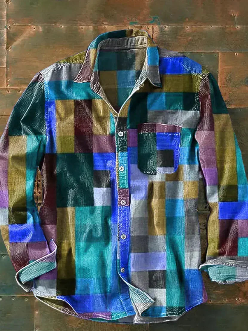 Idris | Men's Colour Block Check Patchwork Long Sleeve Shirt