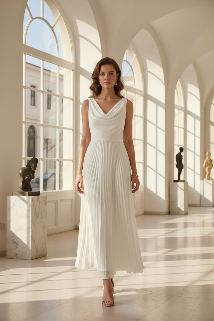 Noir | Draped Cowl Neck Sleeveless Pleated Chiffon Elegant Wedding Guest Dress