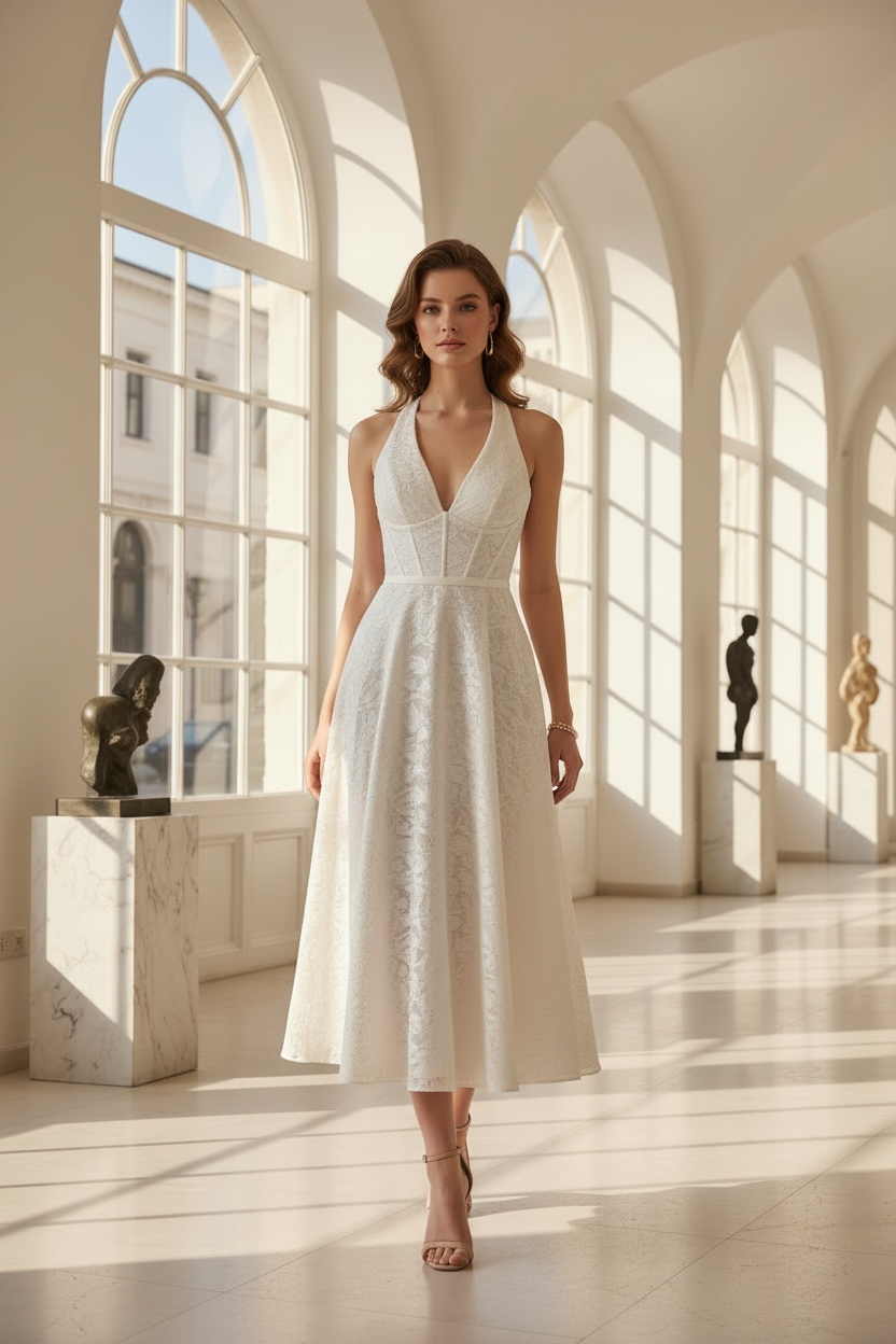 Hailey | Deep V Halter Neck Corset Bodice Jacquard A-Line Midi Wedding Guest Dress