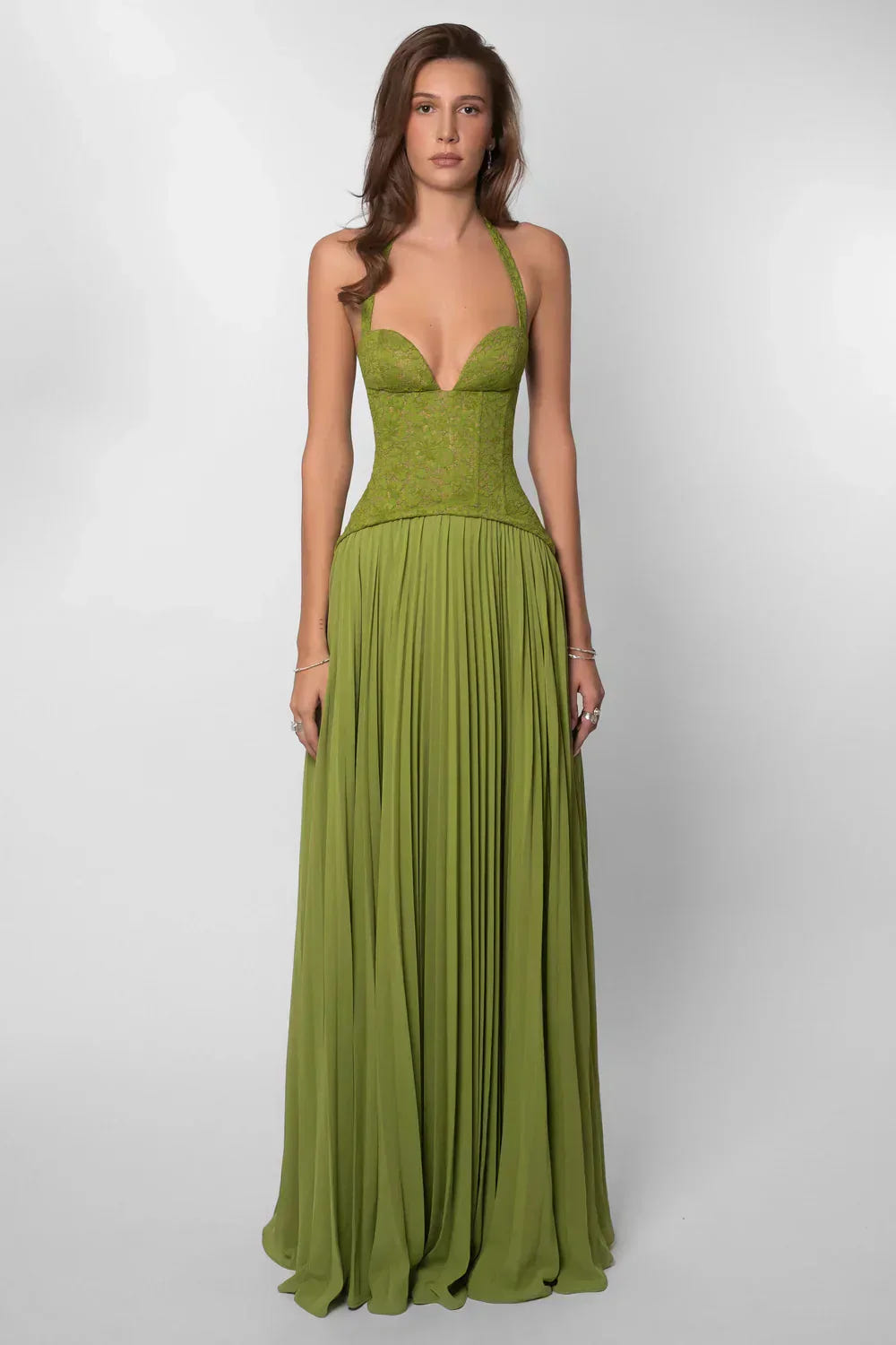Hannah | Women's Halter Pleated Lace Corset Wedding Guest Maxi Dress