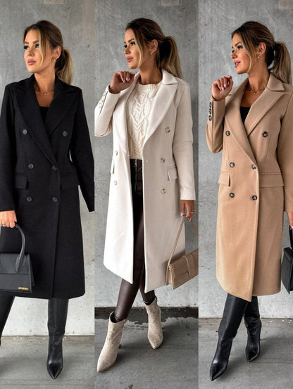 Isabeau | Women's Double-Breasted Long-Sleeve Tailored Midi Overcoat