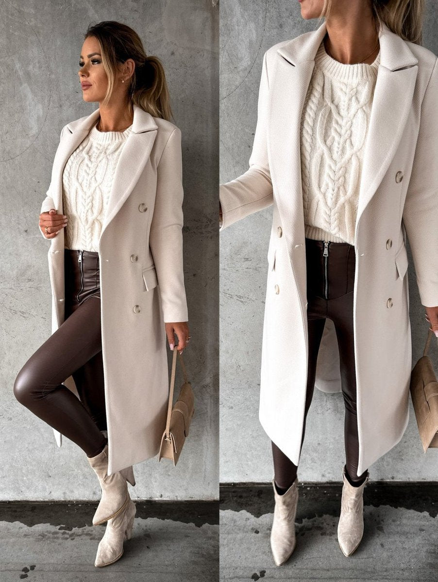 Isabeau | Women's Double-Breasted Long-Sleeve Tailored Midi Overcoat