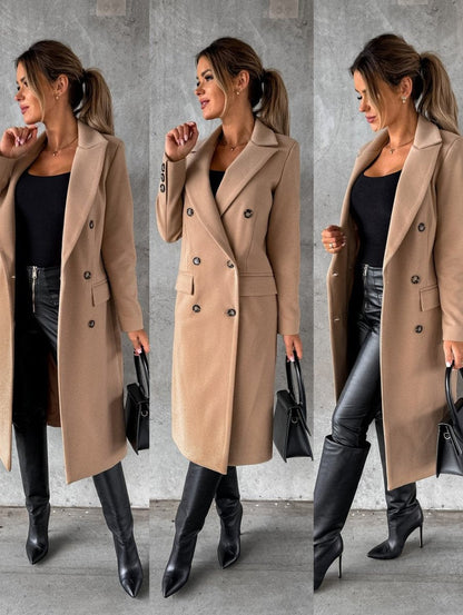 Isabeau | Women's Double-Breasted Long-Sleeve Tailored Midi Overcoat