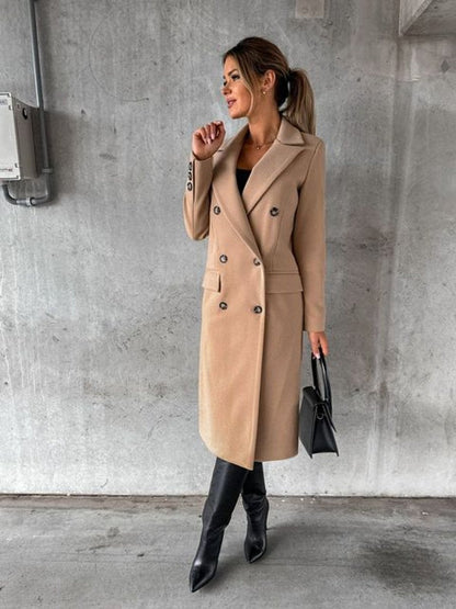 Isabeau | Women's Double-Breasted Long-Sleeve Tailored Midi Overcoat