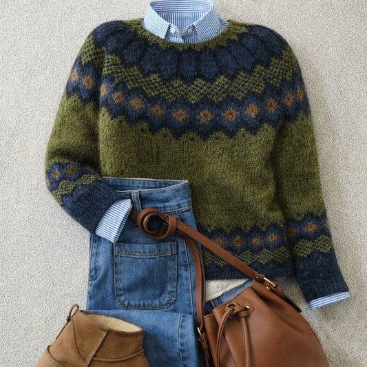 Anwen | Women's Fair Isle Nordic Knit Relaxed-Fit Crew-Neck Jumper