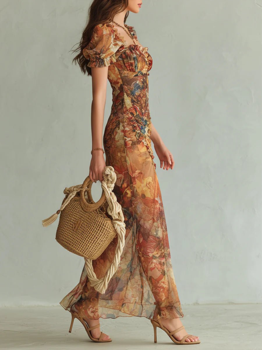 Mia | Women's Floral Ruffle Sweetheart Chiffon Boho Maxi Dress