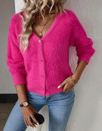 Seline | Women's Fluffy V-Neck Button-Front Knit Cardigan