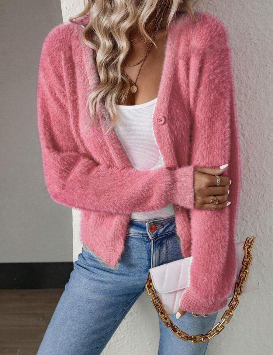Seline | Women's Fluffy V-Neck Button-Front Knit Cardigan