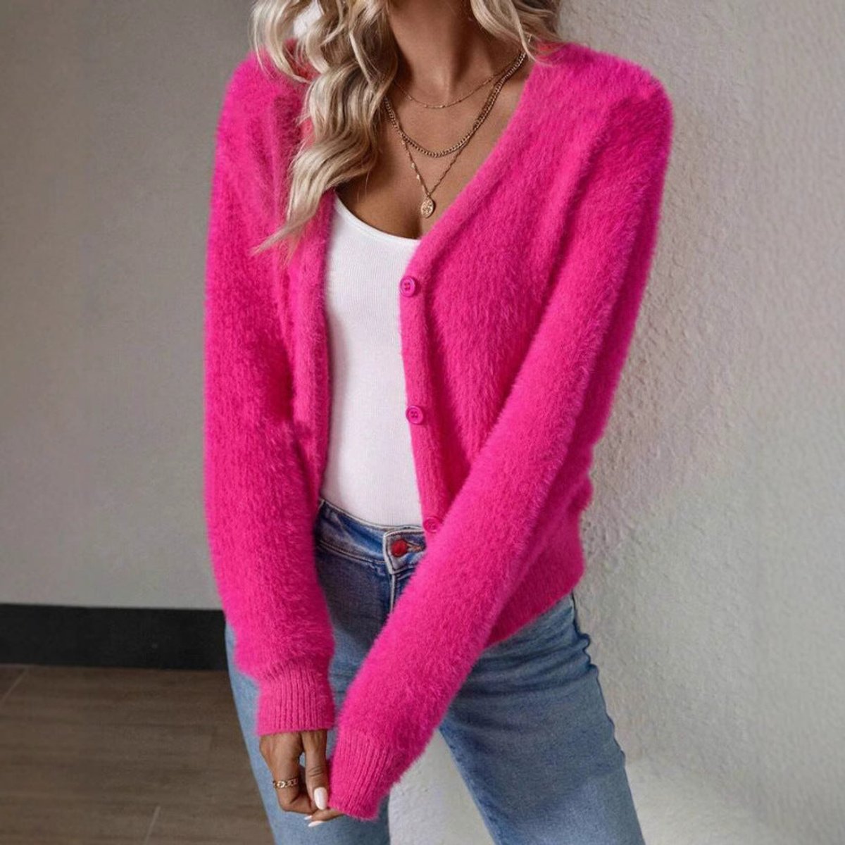 Seline | Women's Fluffy V-Neck Button-Front Knit Cardigan