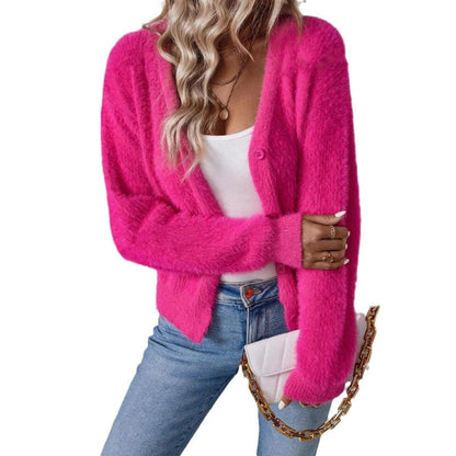 Seline | Women's Fluffy V-Neck Button-Front Knit Cardigan