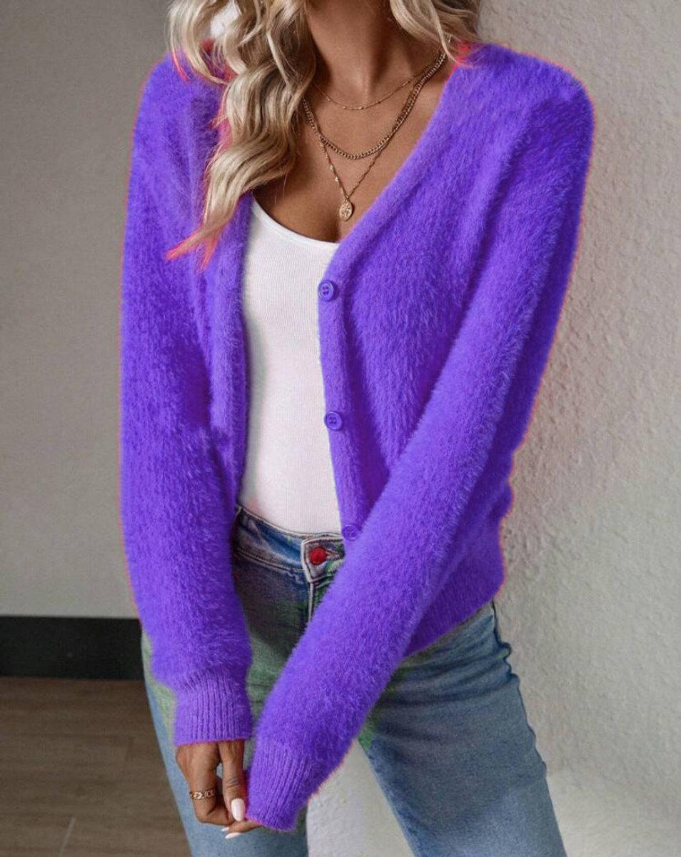 Seline | Women's Fluffy V-Neck Button-Front Knit Cardigan