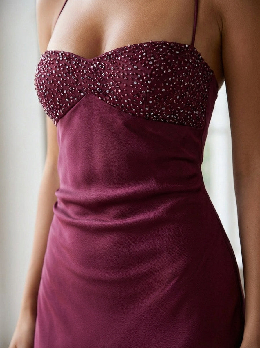 Celeste | Satin Formal Maxi Dress Pearl Beaded Halter Backless