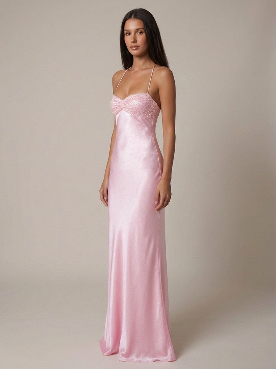 Seraphina | Women's Beaded Halter Satin Formal Evening Maxi Dress