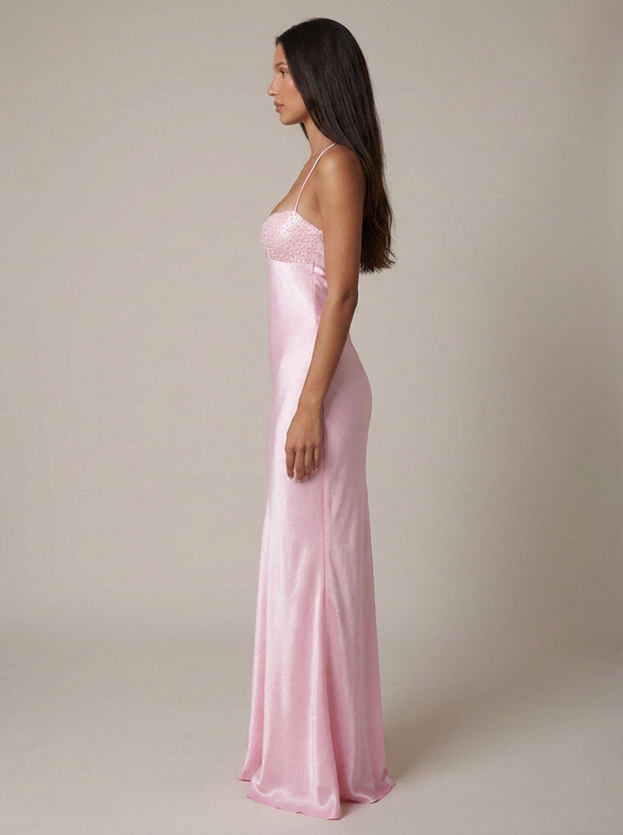 Celeste | Satin Formal Maxi Dress Pearl Beaded Halter Backless