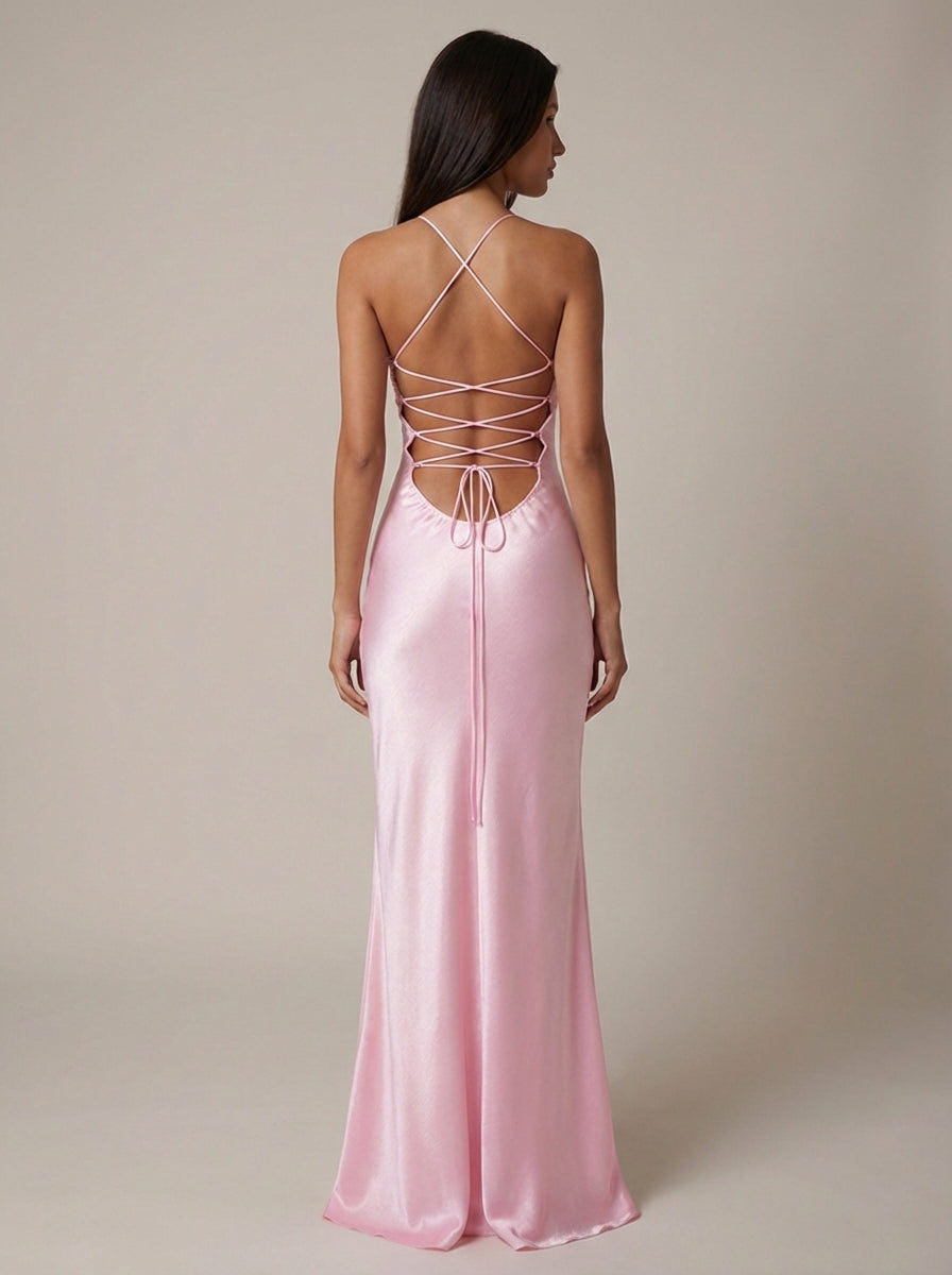 Celeste | Satin Formal Maxi Dress Pearl Beaded Halter Backless