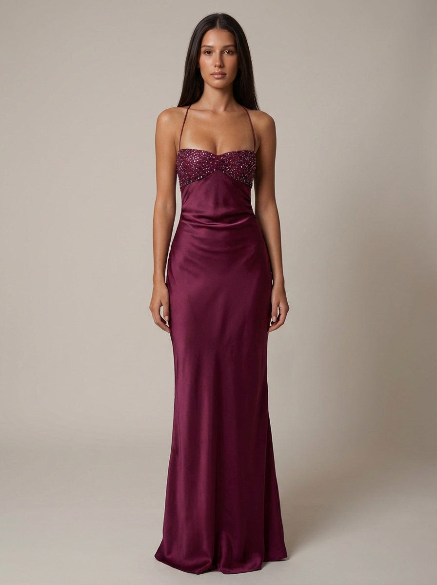 Celeste | Satin Formal Maxi Dress Pearl Beaded Halter Backless