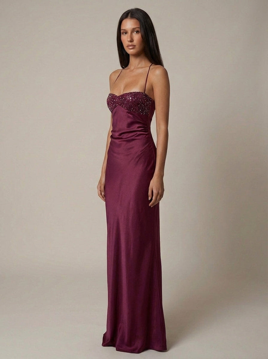 Celeste | Satin Formal Maxi Dress Pearl Beaded Halter Backless