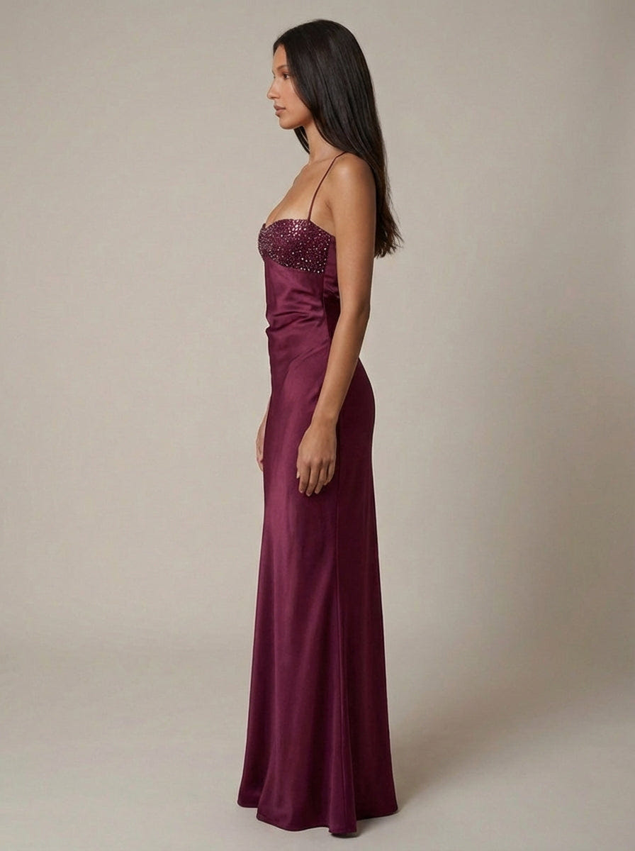 Celeste | Satin Formal Maxi Dress Pearl Beaded Halter Backless