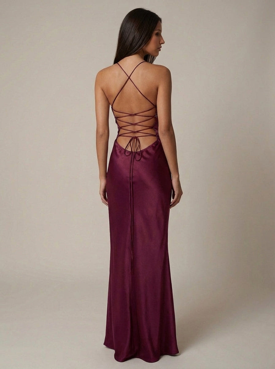 Celeste | Satin Formal Maxi Dress Pearl Beaded Halter Backless