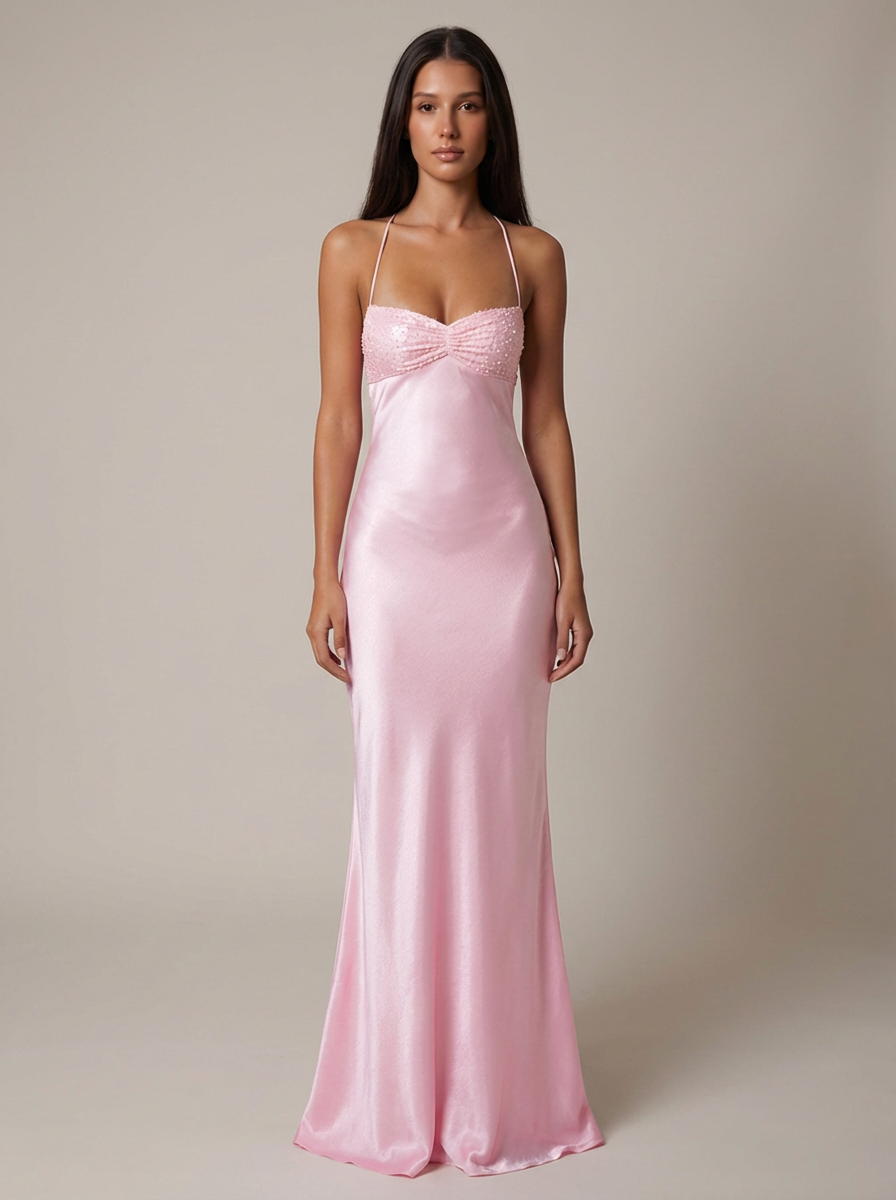 Celeste | Satin Formal Maxi Dress Pearl Beaded Halter Backless