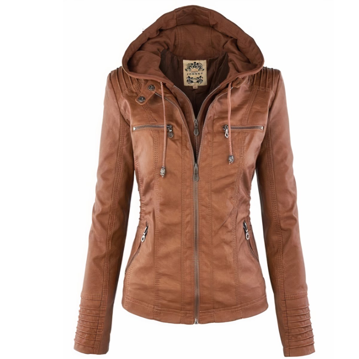 Delyth | Women's Hooded Moto Faux Leather Jacket Removable Hood