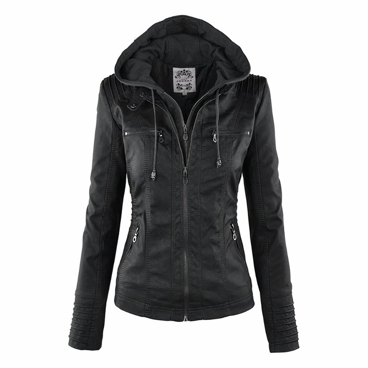 Delyth | Women's Hooded Moto Faux Leather Jacket Removable Hood