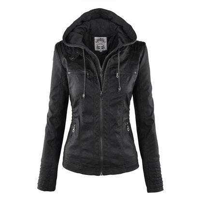 Delyth | Women's Hooded Moto Faux Leather Jacket Removable Hood