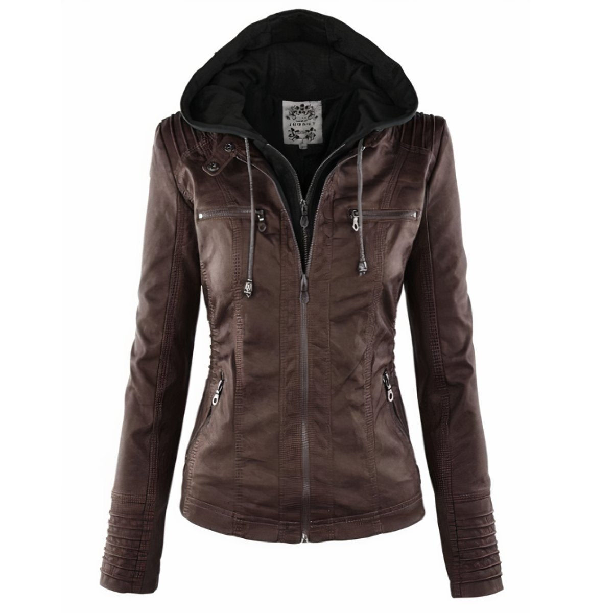 Delyth | Women's Hooded Moto Faux Leather Jacket Removable Hood
