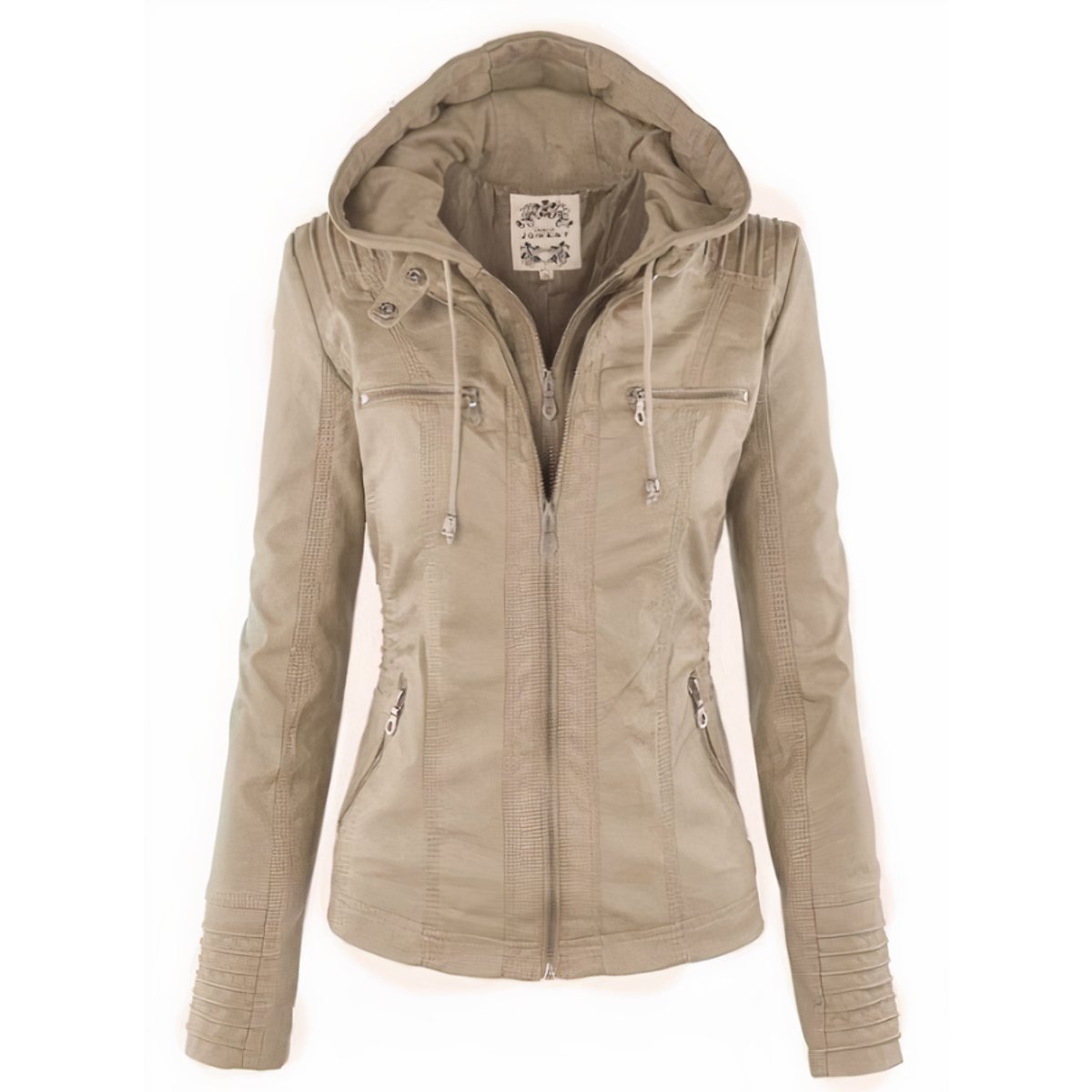 Delyth | Women's Hooded Moto Faux Leather Jacket Removable Hood