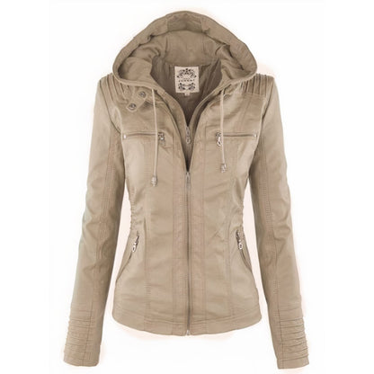 Delyth | Women's Hooded Moto Faux Leather Jacket Removable Hood