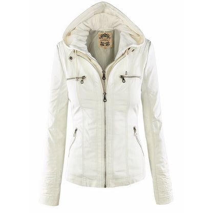 Delyth | Women's Hooded Moto Faux Leather Jacket Removable Hood