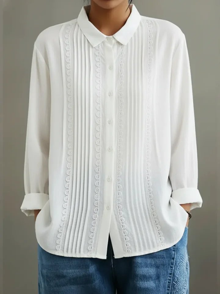 Rosalind | Women's Lace Trim Pleated Front Button-Up Long Sleeve Blouse