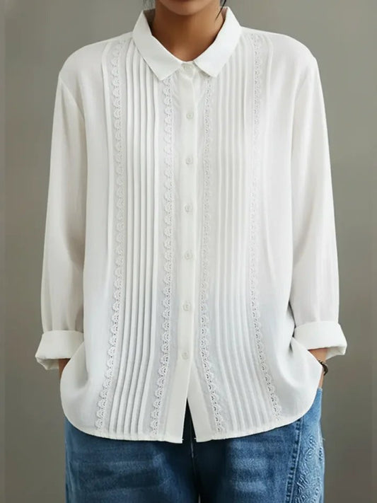 Rosalind | Women's Lace Trim Pleated Front Button-Up Long Sleeve Blouse