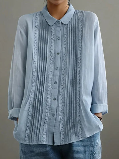 Rosalind | Women's Lace Trim Pleated Front Button-Up Long Sleeve Blouse