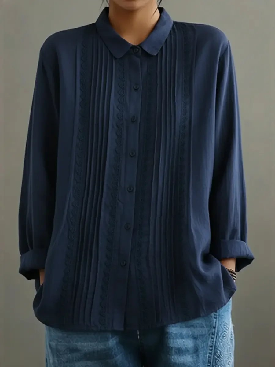 Rosalind | Women's Lace Trim Pleated Front Button-Up Long Sleeve Blouse