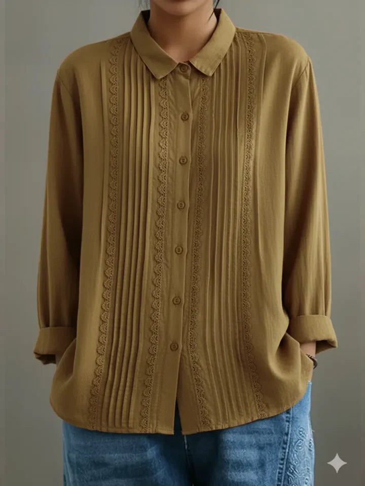 Rosalind | Women's Lace Trim Pleated Front Button-Up Long Sleeve Blouse