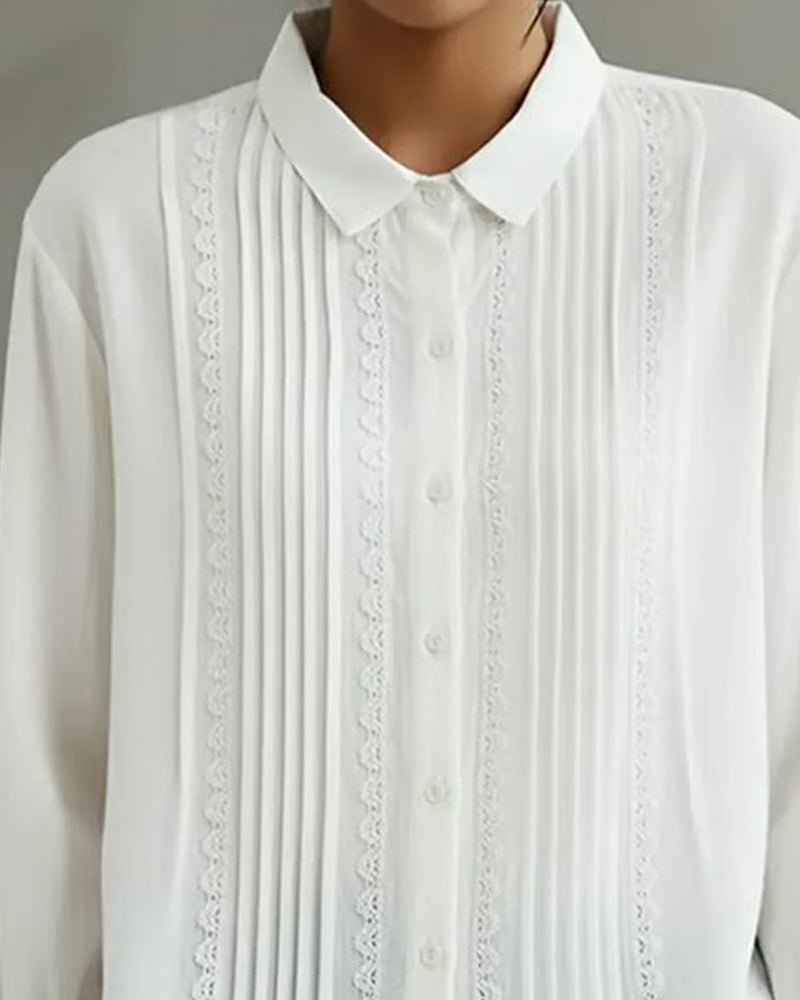 Rosalind | Women's Lace Trim Pleated Front Button-Up Long Sleeve Blouse