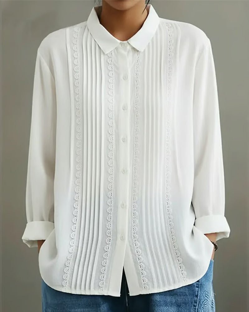 Rosalind | Women's Lace Trim Pleated Front Button-Up Long Sleeve Blouse