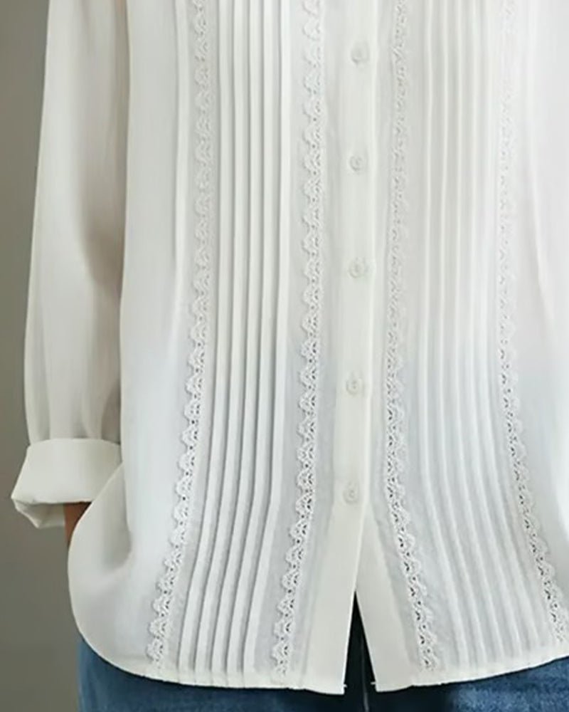 Rosalind | Women's Lace Trim Pleated Front Button-Up Long Sleeve Blouse