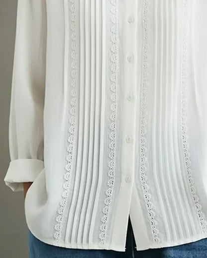 Rosalind | Women's Lace Trim Pleated Front Button-Up Long Sleeve Blouse