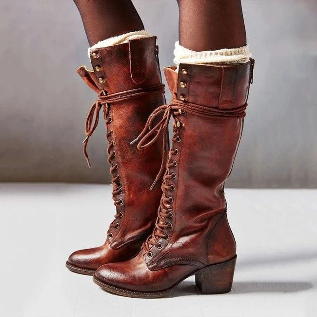 Freya | Women's Lace-Up Knee-High Block Heel Leather Boot